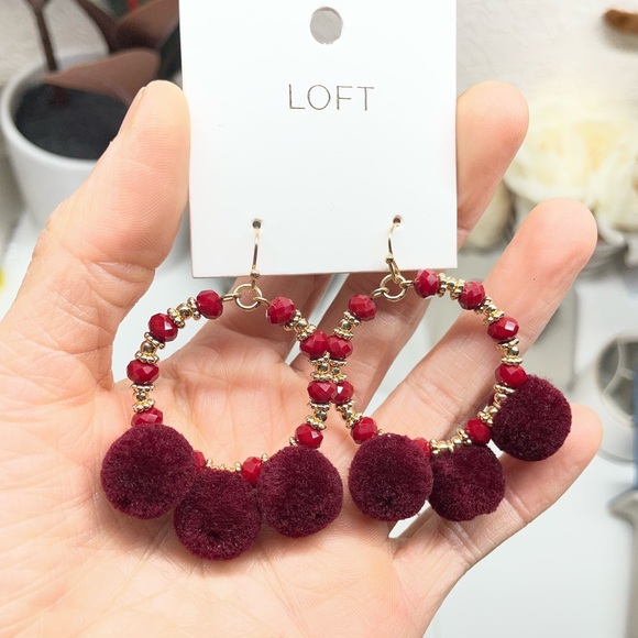 LOFT Maroon Pom Pom Hoop Earrings - Picture 3 of 4
